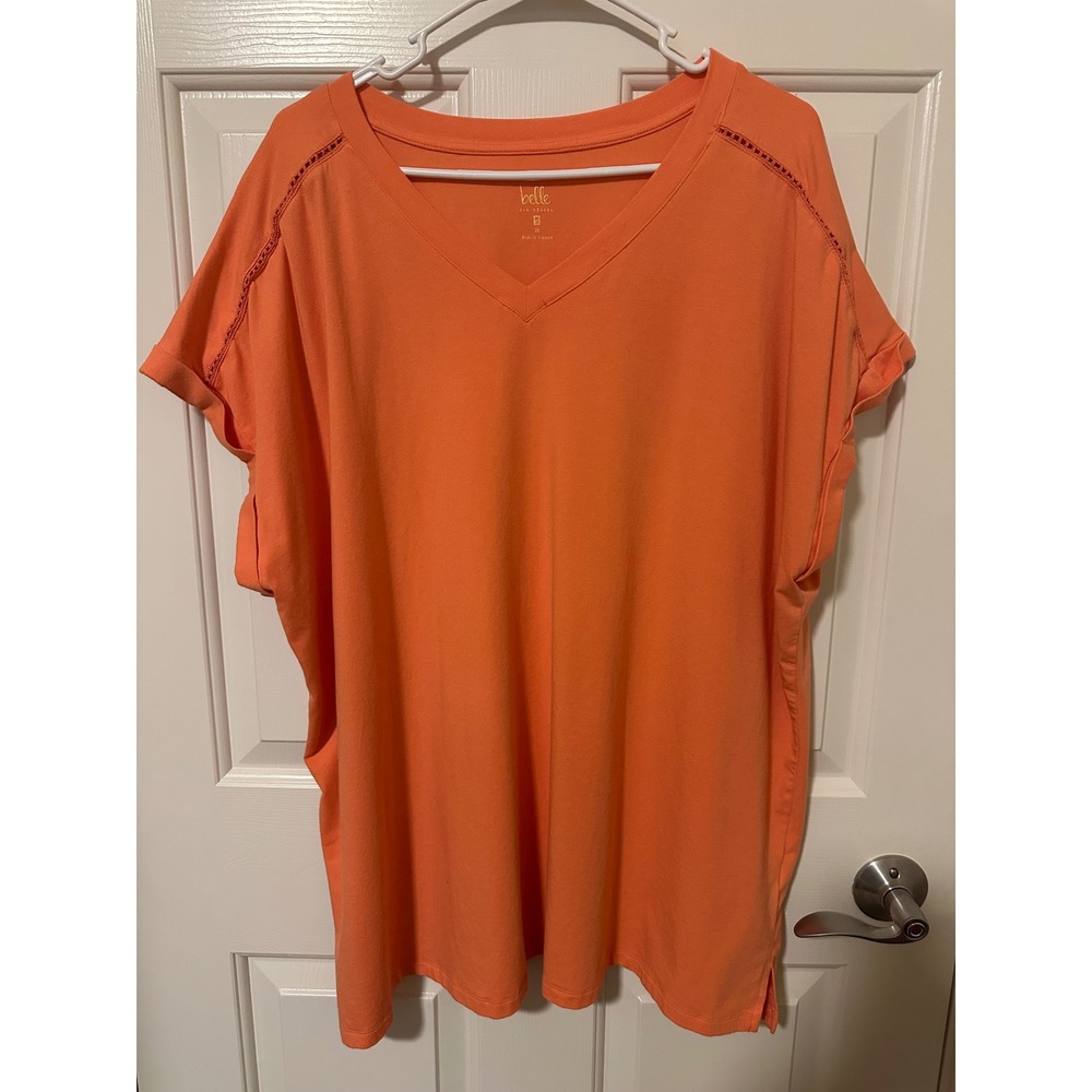 Belle by Kim Gravel Top Womens 2X Orange V-Neck Lace Trim Cotton Blend Tee